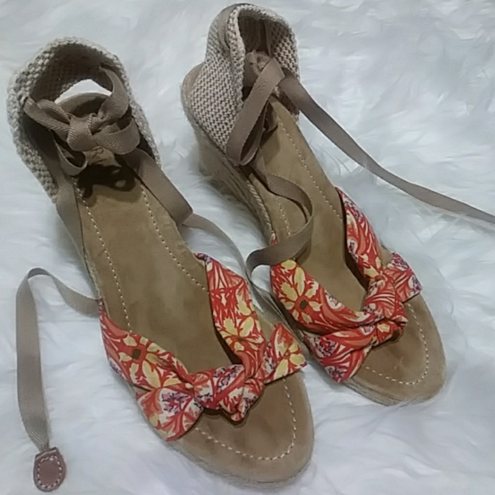 J. Crew lace up espadrilles floral orange wedge